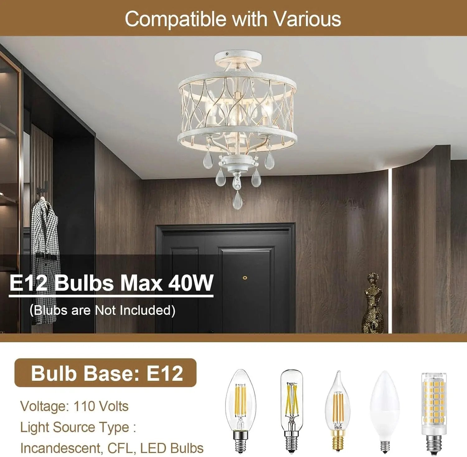 Farmhouse Crystal Ceiling Light Three Light White Fixture from PriceLows™