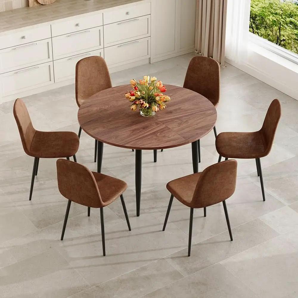 Walnut Extendable Dining Table Set Six Chairs Upholstered from PriceLows™