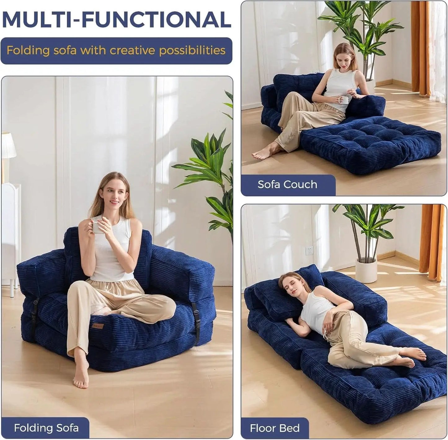 Navy Folding Sofa Bed With Armrests For Living Room from PriceLows™