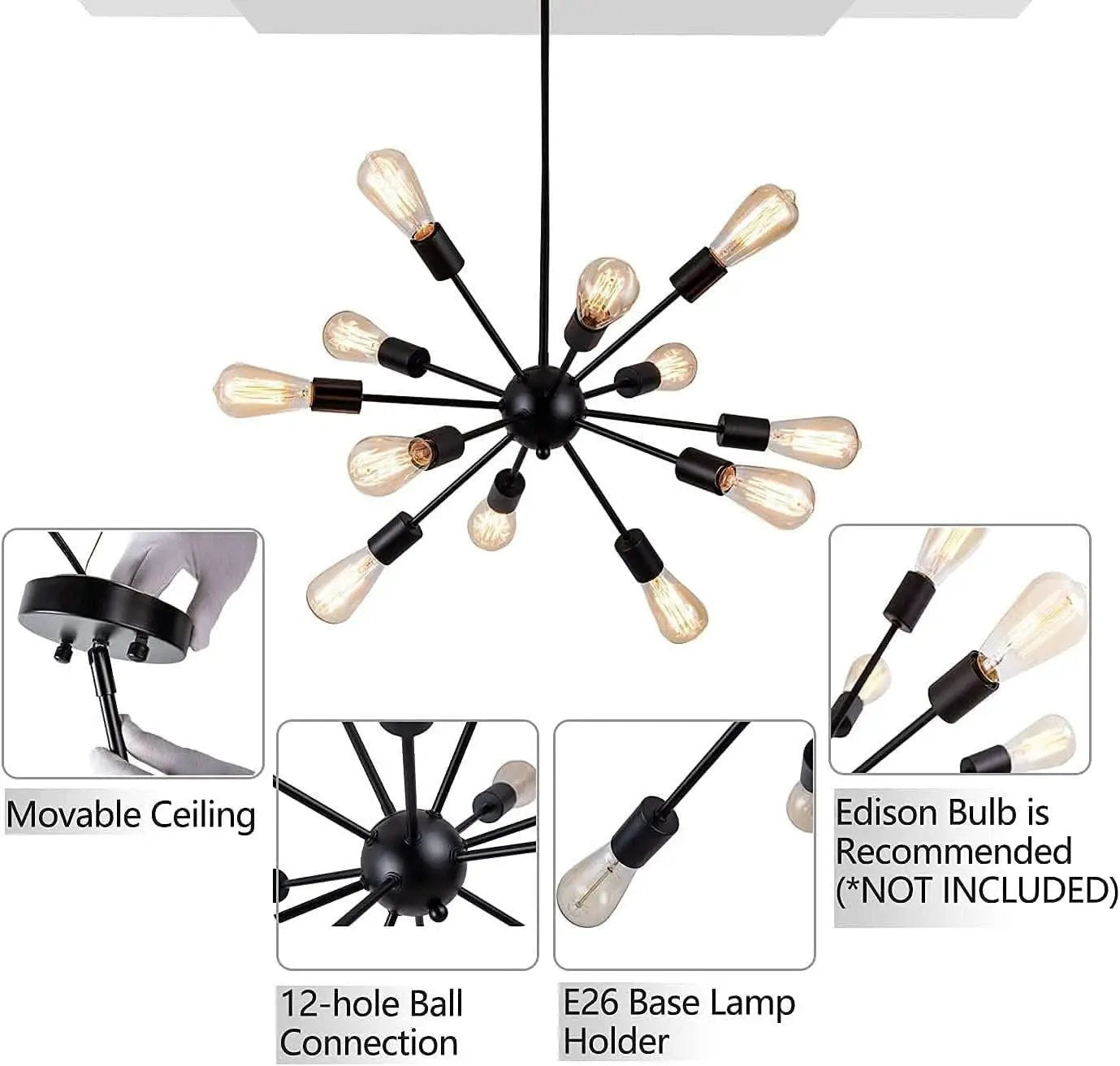 Black 12 Light Sputnik Chandelier Farmhouse Pendant from PriceLows™