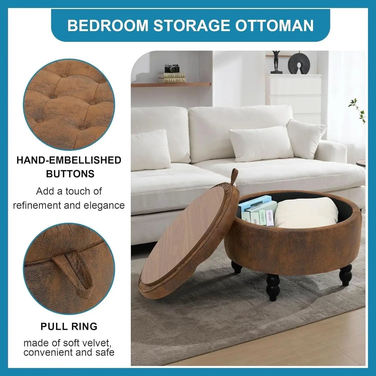24 Inch Upholstered Storage Ottoman Featuring Tray from PriceLows™