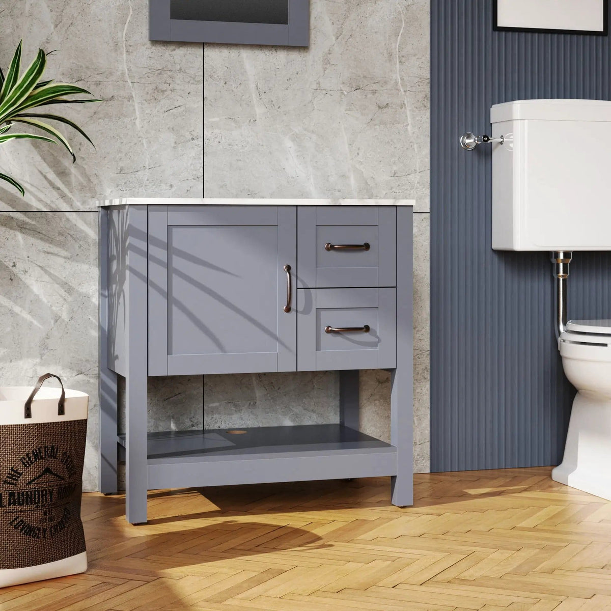 Bathroom Vanity With Mirror And Top Only - | 30 x 18.5 x 31.5 in | Marble & Stainless Steel | Gray