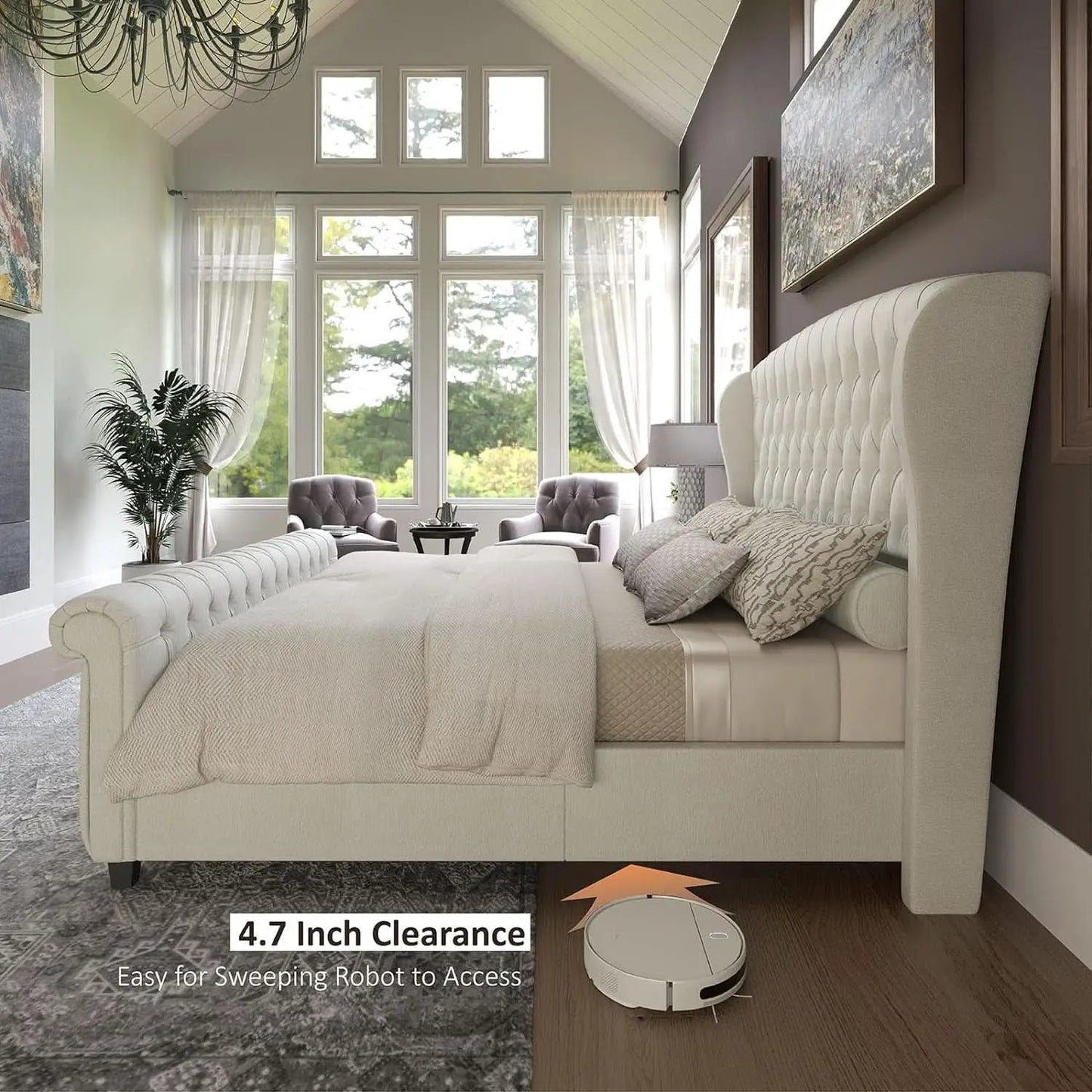 Queen Size Chenille Upholstered Sleigh Platform Bed with Button Tufted Headboard from PriceLows™