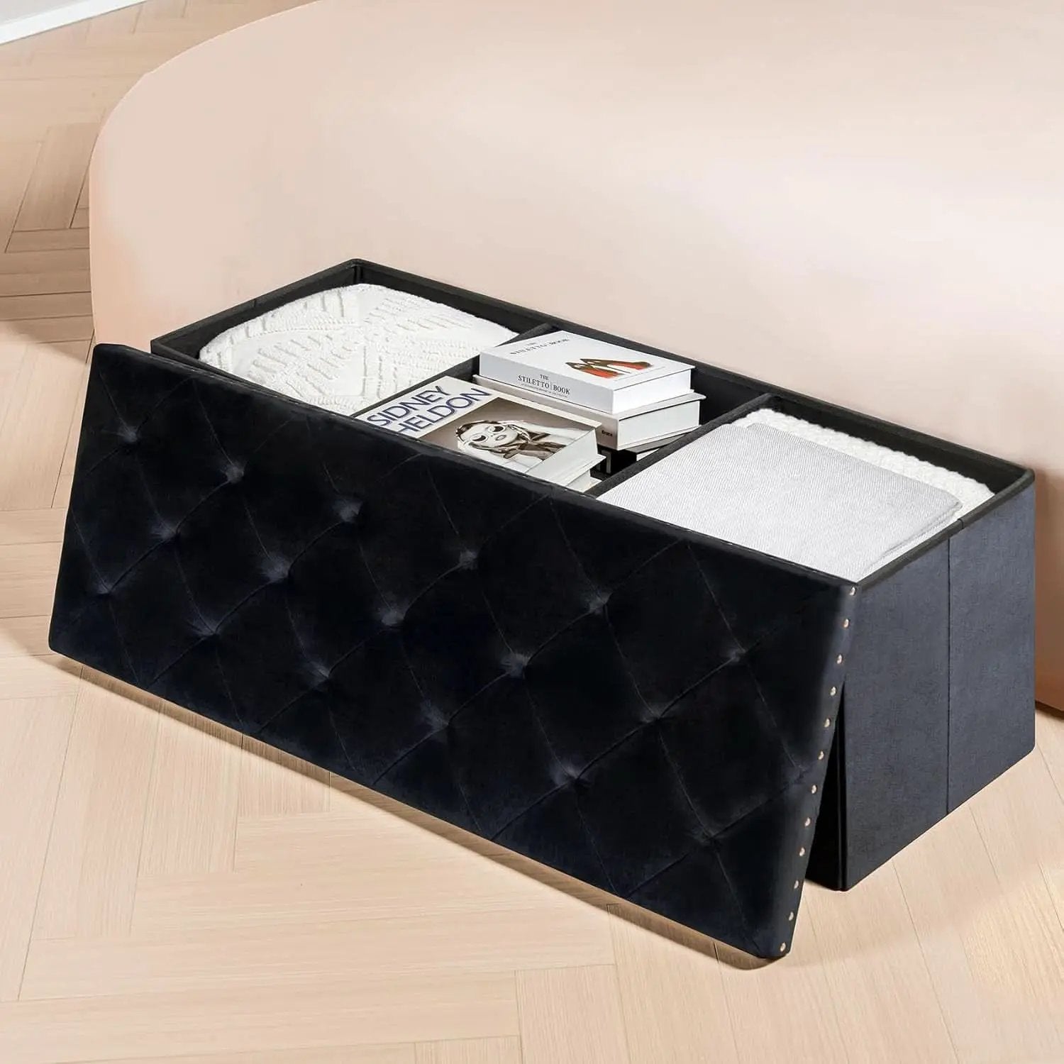 Black Premium Velvet Storage Ottoman Bench Bedroom from PriceLows™