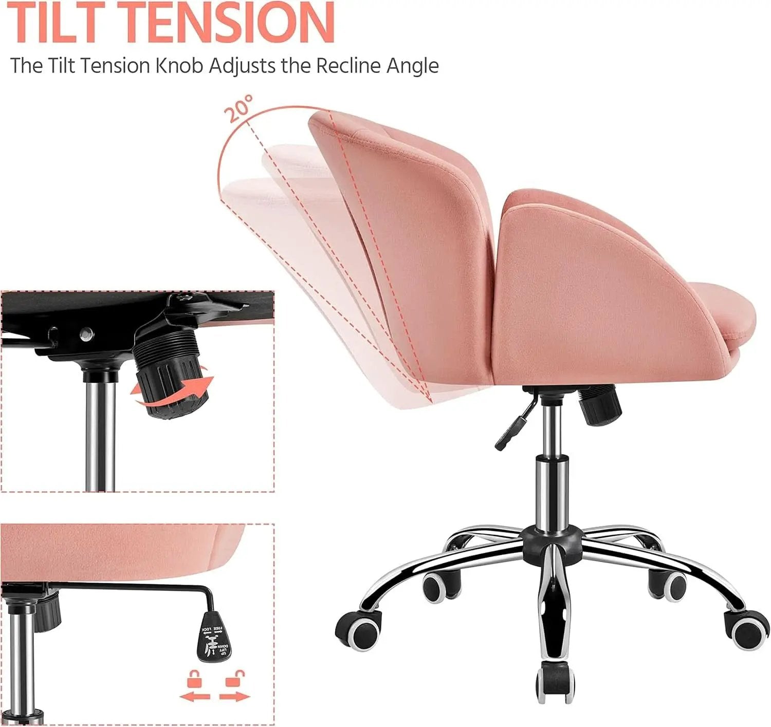 Pink Velvet Desk Chair With Wheels And Armrests Swivel Office Chair from PriceLows™