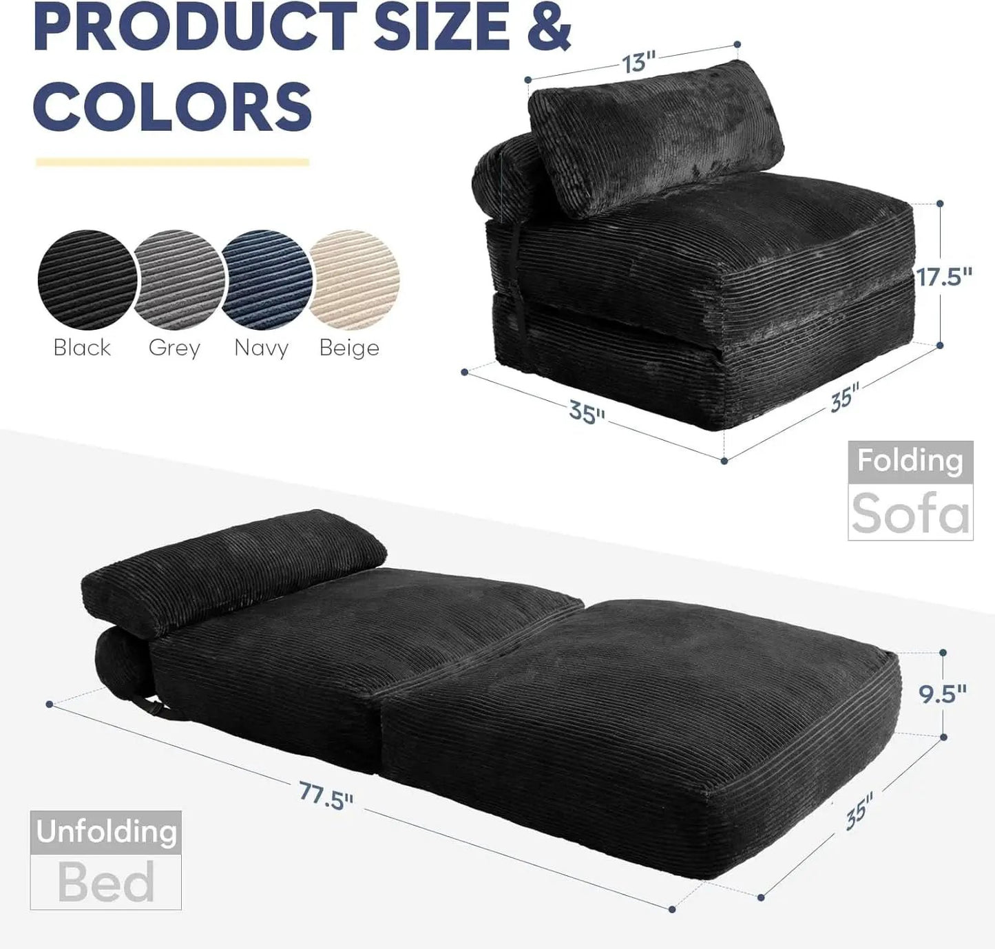 Folding Sofa Bed Convertible Black Pillow Included from PriceLows™