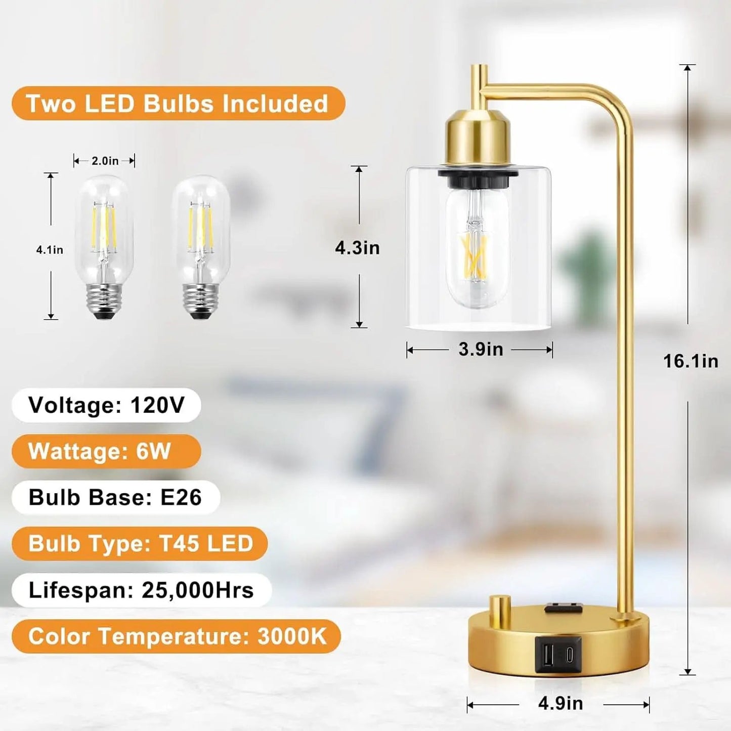 Industrial Dimmable Table Lamps Gold Finish With USB Ports from PriceLows™