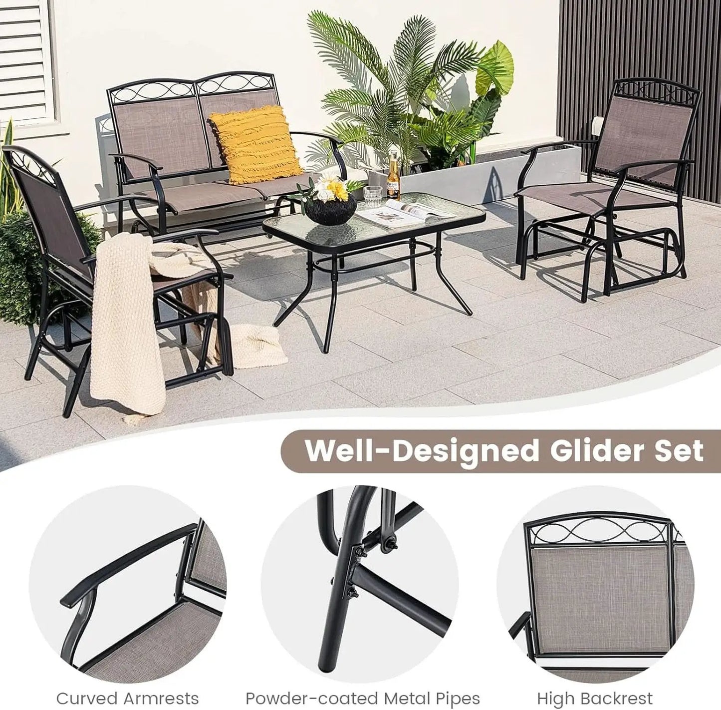 4 Piece Patio Glider Set With Gliding Loveseat Glass Table from PriceLows™