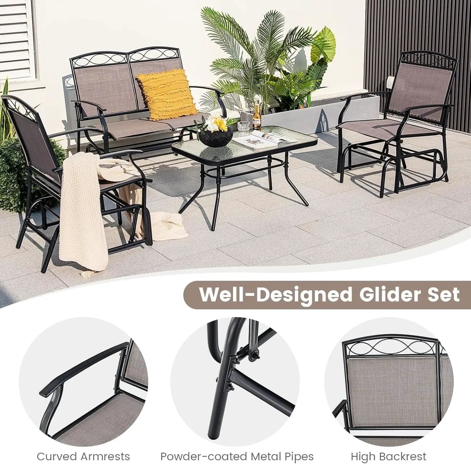4 Piece Patio Glider Set With Gliding Loveseat Glass Table from PriceLows™