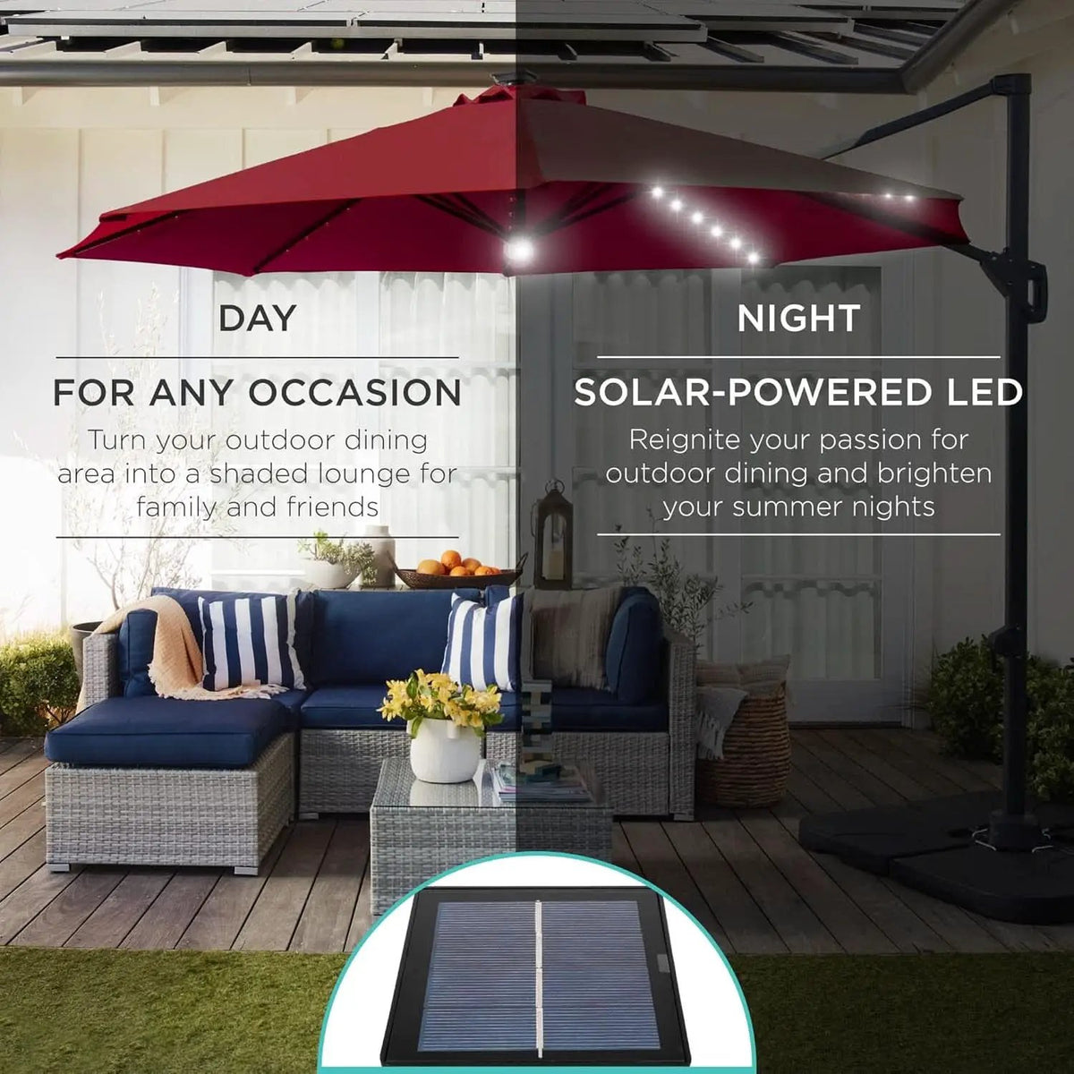 10ft Solar LED Cantilever Patio Umbrella With 360 Degree Rotation And Easy Tilt Cross Base from PriceLows™