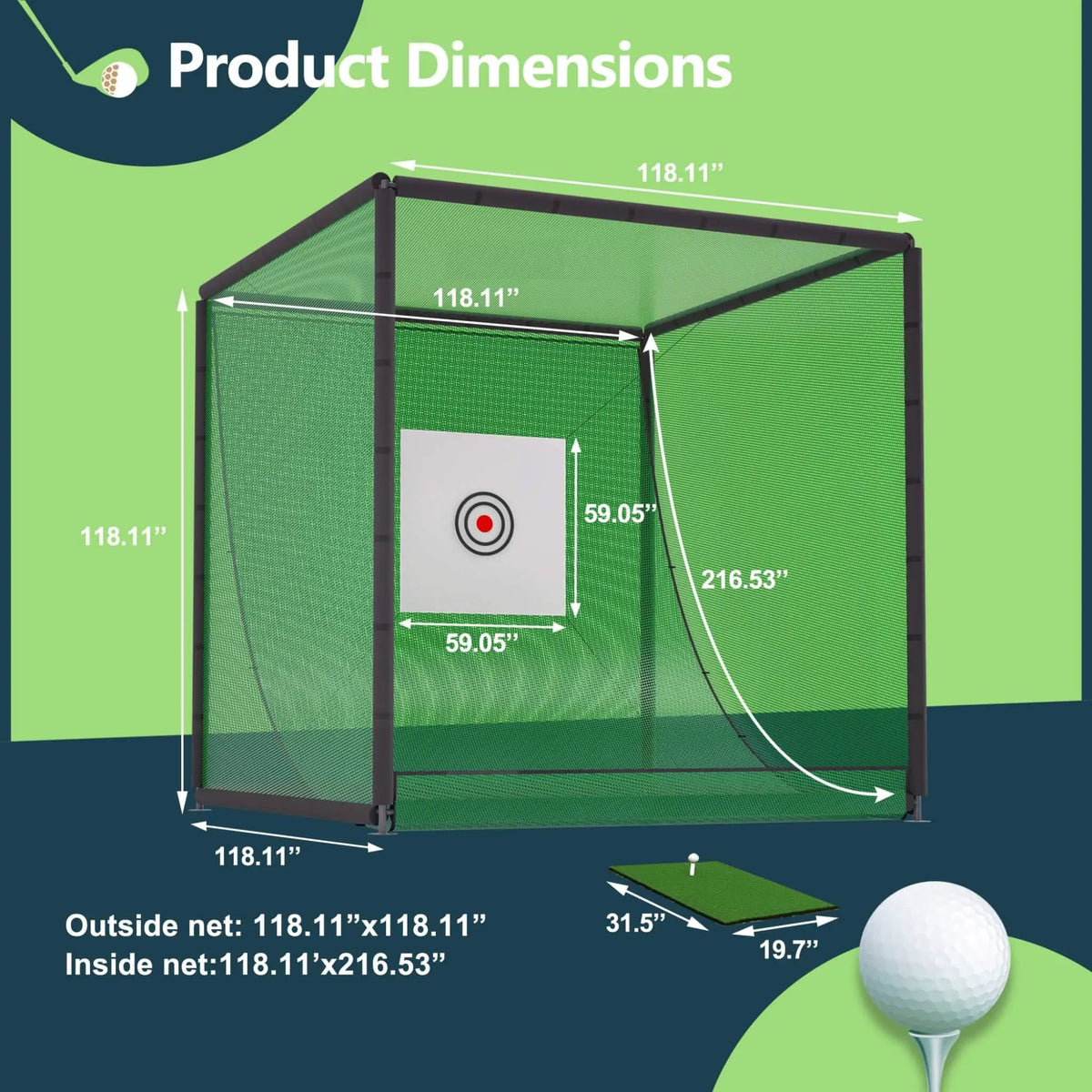 Golf Practice Net Cage | Heavy-Duty Metal Frame | Double Layer Netting | Target Cloth