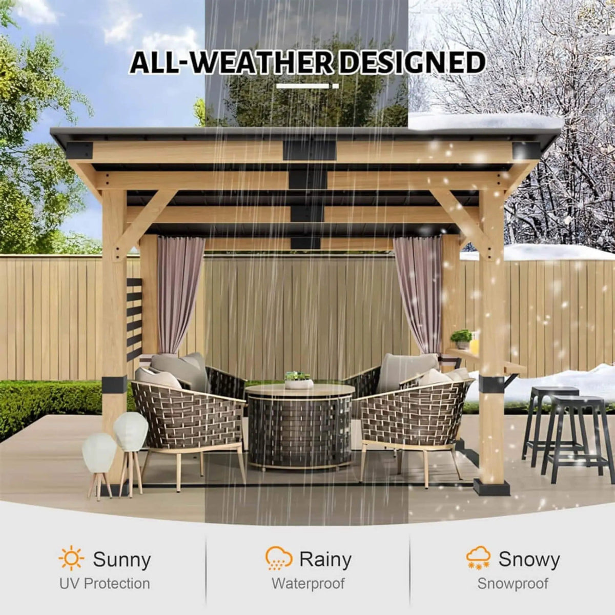 Heavy Duty Premium Outdoor All Season Wooden Cedar Hardtop Gazebo With Metal Roof | Steel | Outdoor Living Use | Outdoor Living