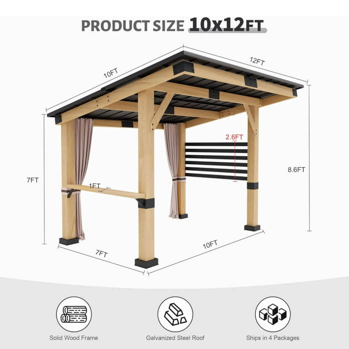 Heavy Duty Premium Outdoor All Season Wooden Cedar Hardtop Gazebo With Metal Roof | Steel | Outdoor Living Use | Outdoor Living