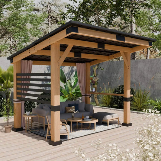 Heavy Duty Premium Outdoor All Season Wooden Cedar Hardtop Gazebo With Metal Roof | Steel | Outdoor Living Use | Outdoor Living