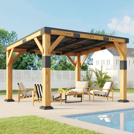 Heavy-Duty Sloped Galvanized Steel Roof Cedar Wood Gazebo | Concrete | Home Use | Home
