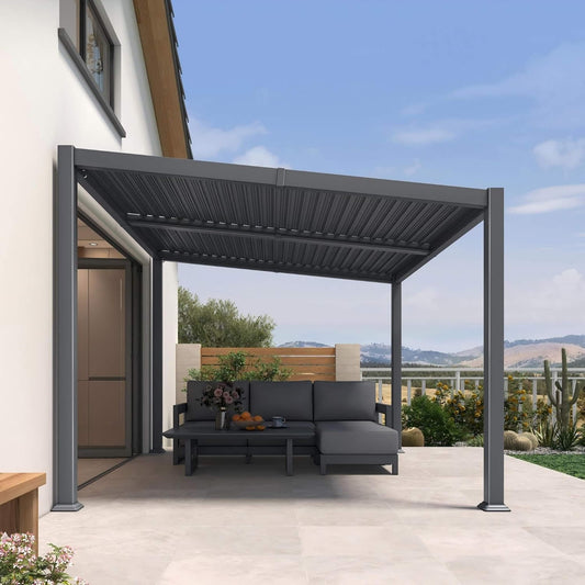 Modern Louvered Aluminum Pergola With Sloped Roof | Metal | Outdoor Living Use | Outdoor Living