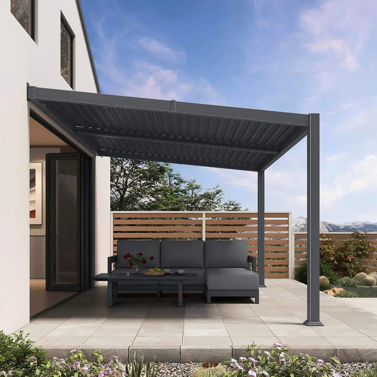 Modern Wall-Mounted Louvered Pergola With Aluminum Frame (Style 5) | Aluminum | Outdoor Living Use | Outdoor Living