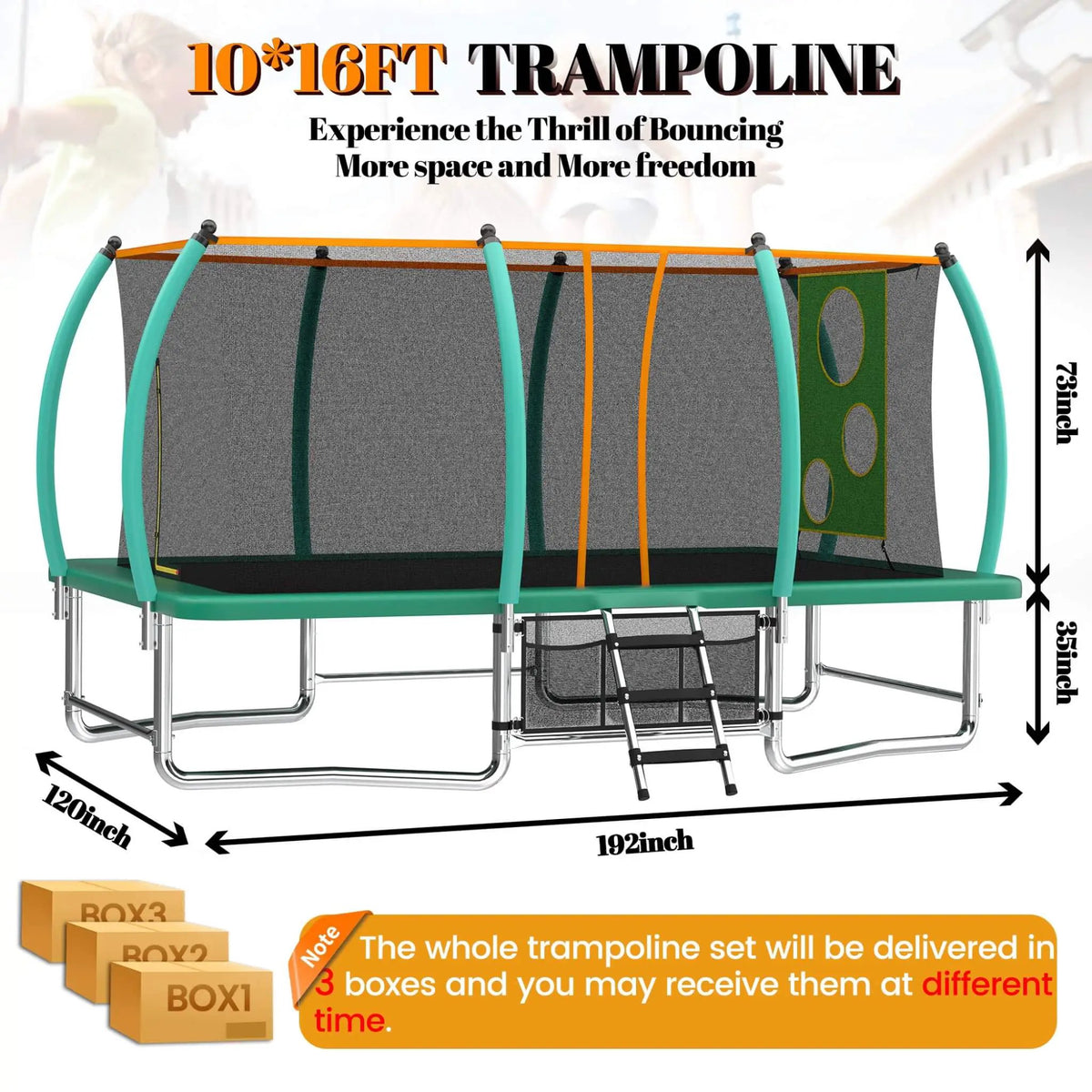 Large Rectangular Trampoline | Galvanized Steel Frame | Safety Net | W-Shaped Base Legs