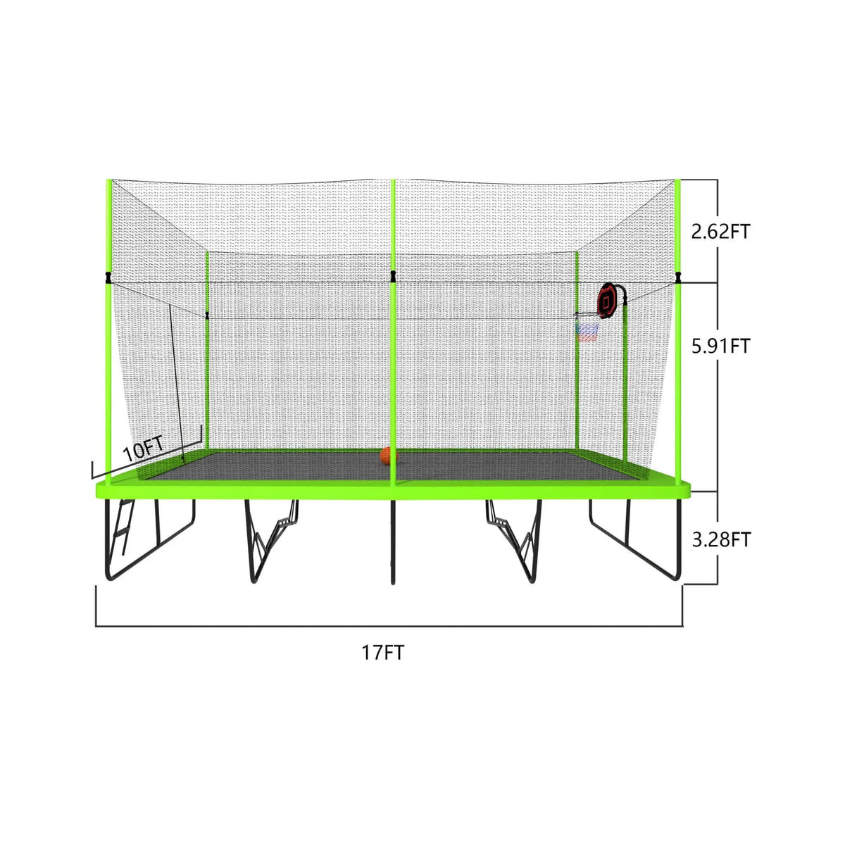 Rectangular Trampoline | Basketball Hoop | Ladder Included | Weather-Resistant PE Netting