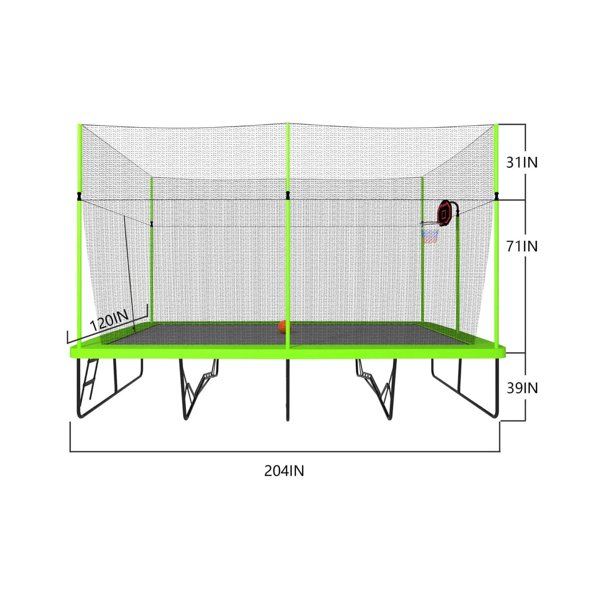 Rectangular Trampoline | Basketball Hoop | Ladder Included | Weather-Resistant PE Netting