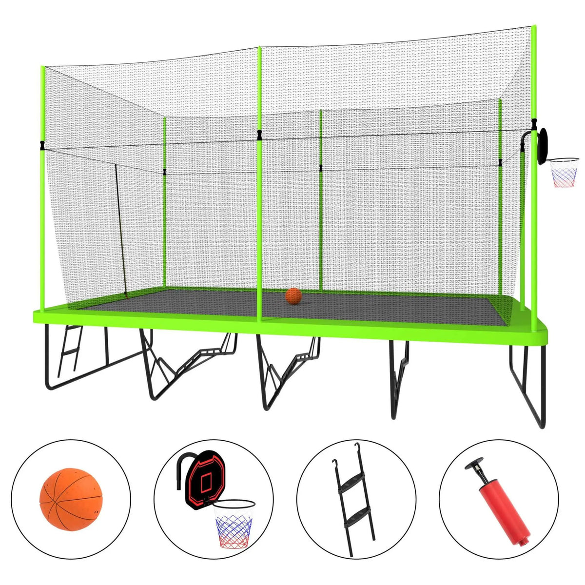 Rectangular Trampoline | Basketball Hoop | Ladder Included | Weather-Resistant PE Netting