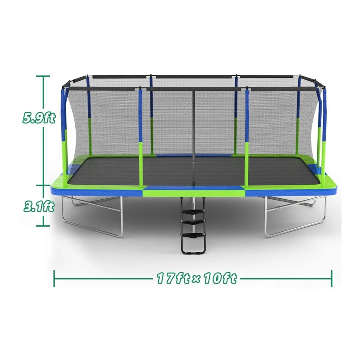 Premium Rectangular Trampoline | 10FT x 17FT | 10 Poles | Crossbeam Frame