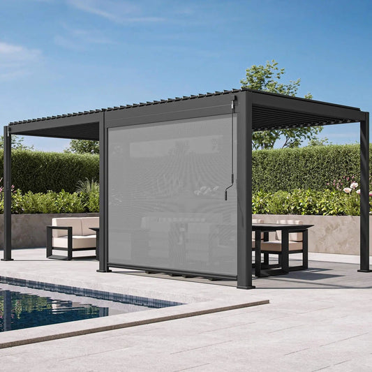 Modern Outdoor Adjustable Charcoal Louvered Pergola With Screens And Built In | Outdoor Living Use | Everyday Use | Outdoor Living