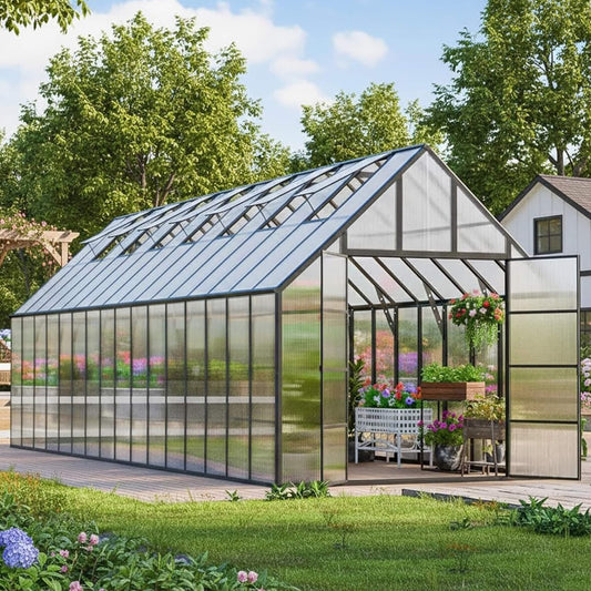 Heavy Duty Outdoor Aluminum Polycarbonate Greenhouse With Roof Vents And Swing | Concrete | Outdoor Living Use | Outdoor Living