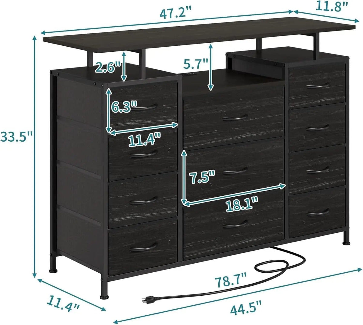 11 Drawer Dresser With Fabric Drawers, Charging Station, LED Lights And Shelves, Black Wood Veins from PriceLows™