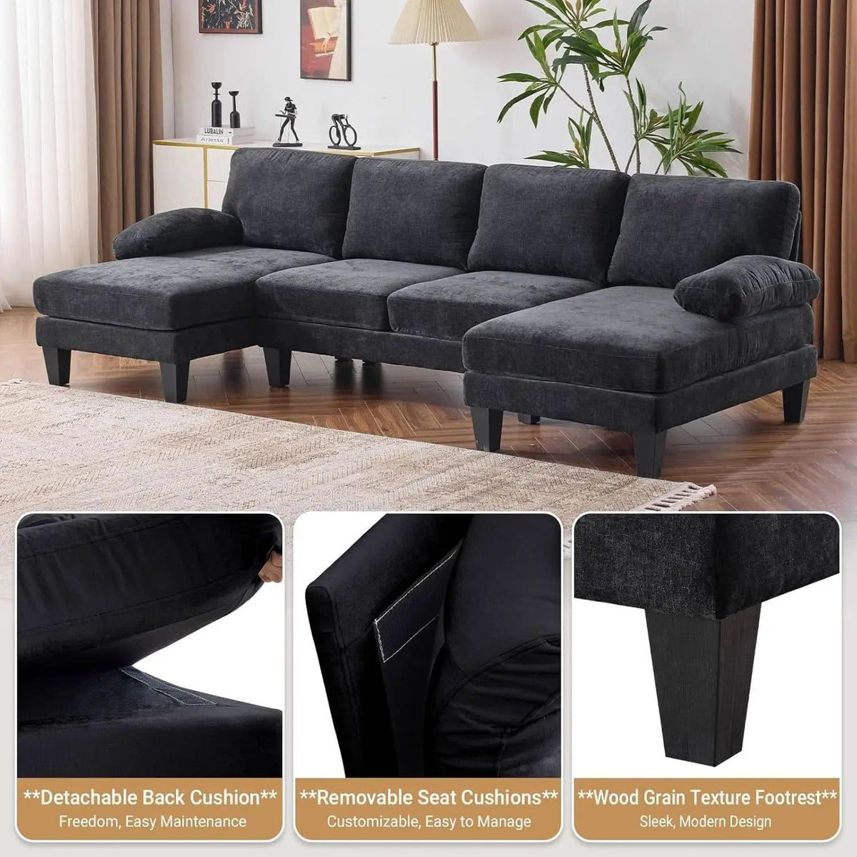 110 Inch U Shaped Sectional Couch For Living Room With Double Chaise In Chenille Fabric Black from PriceLows™