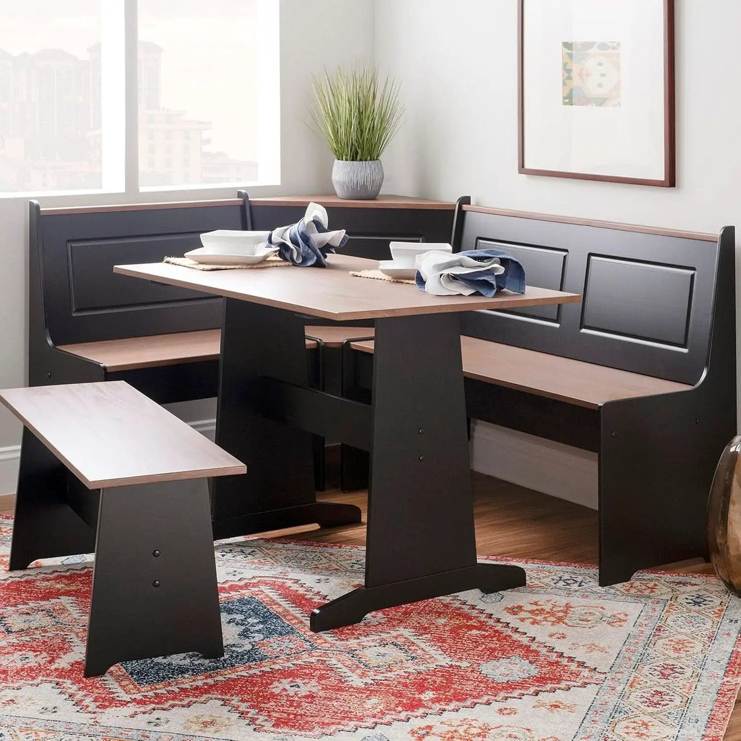 Black Pecan Five Seat Dining Set With Storage Benches from PriceLows™