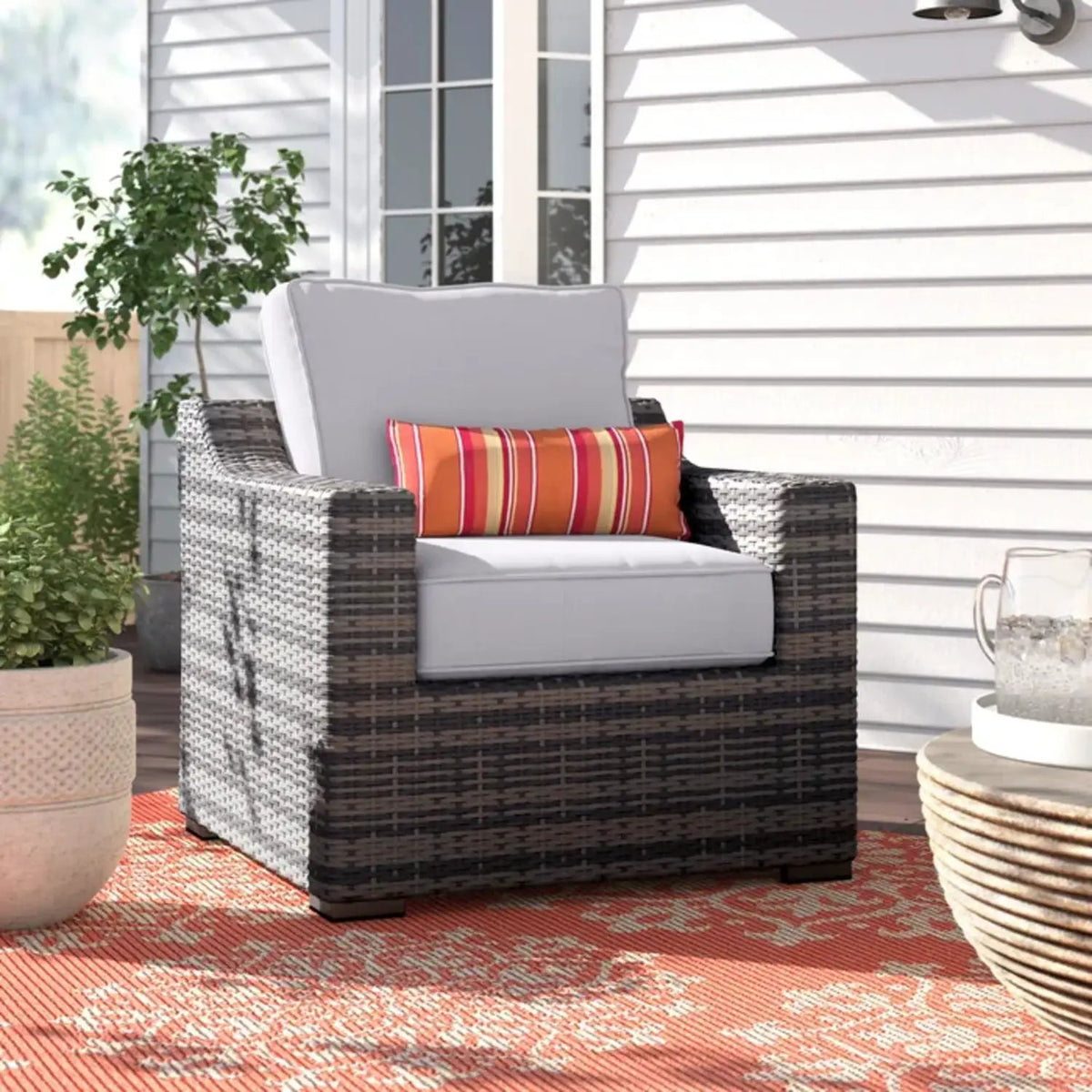 Patio Armchair With Cushions | Modern Wicker Design | Boxy Silhouette | No Assembly Required