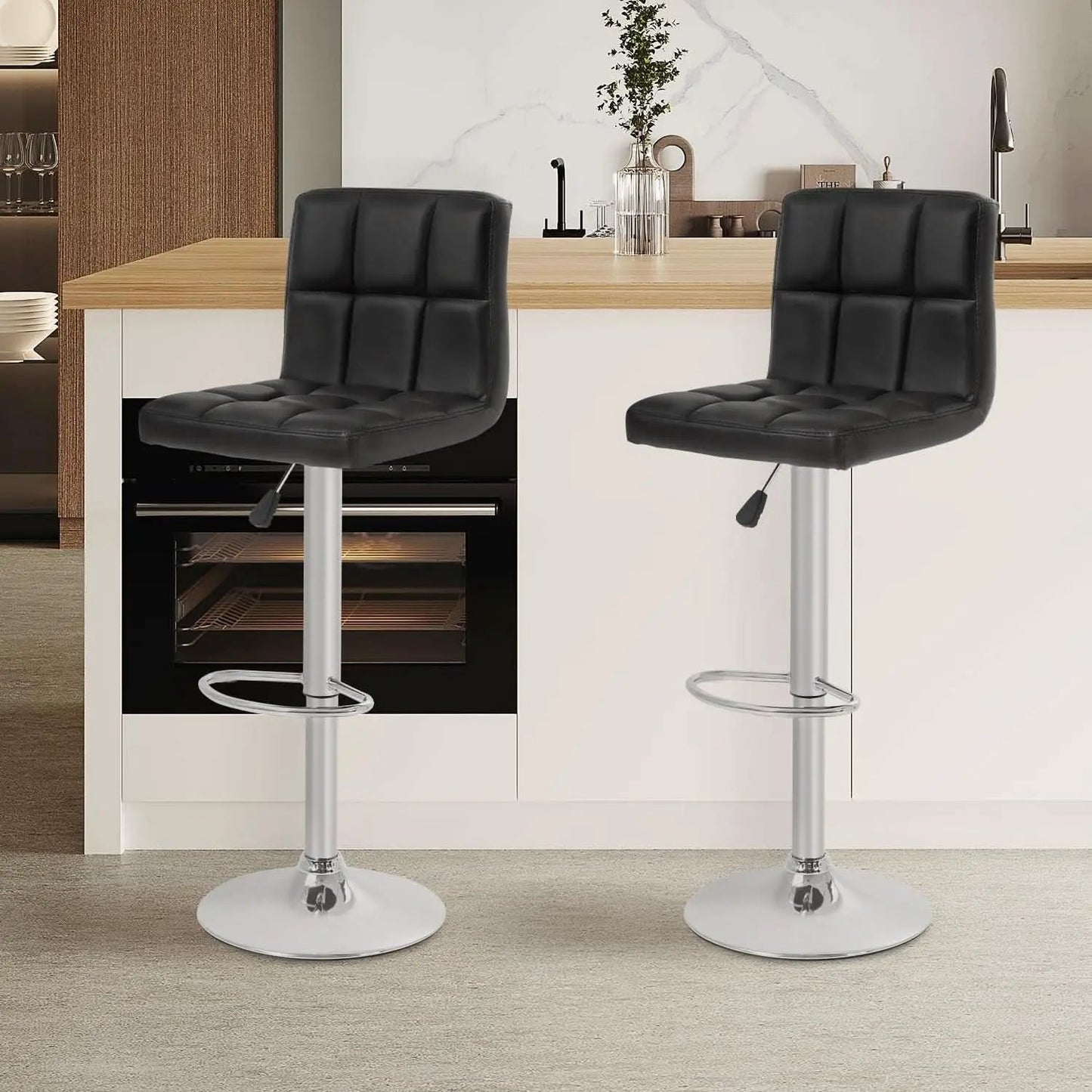 Set Of 2 Adjustable Swivel Bar Stools Black PU Leather from PriceLows™
