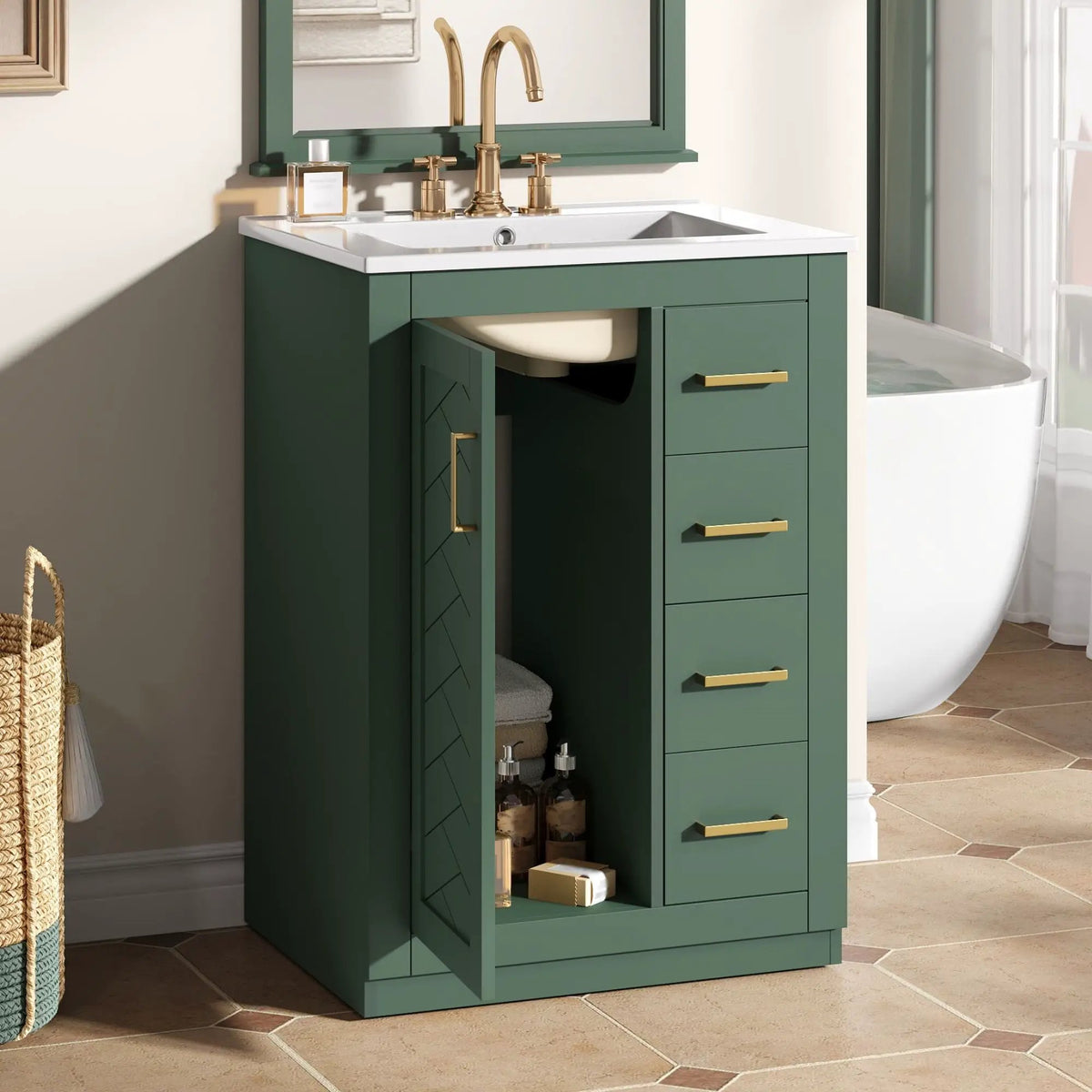24 Inch Modern Bathroom Vanity | 1 Door 3 Drawers | Ceramic Sink | Compact Footprint