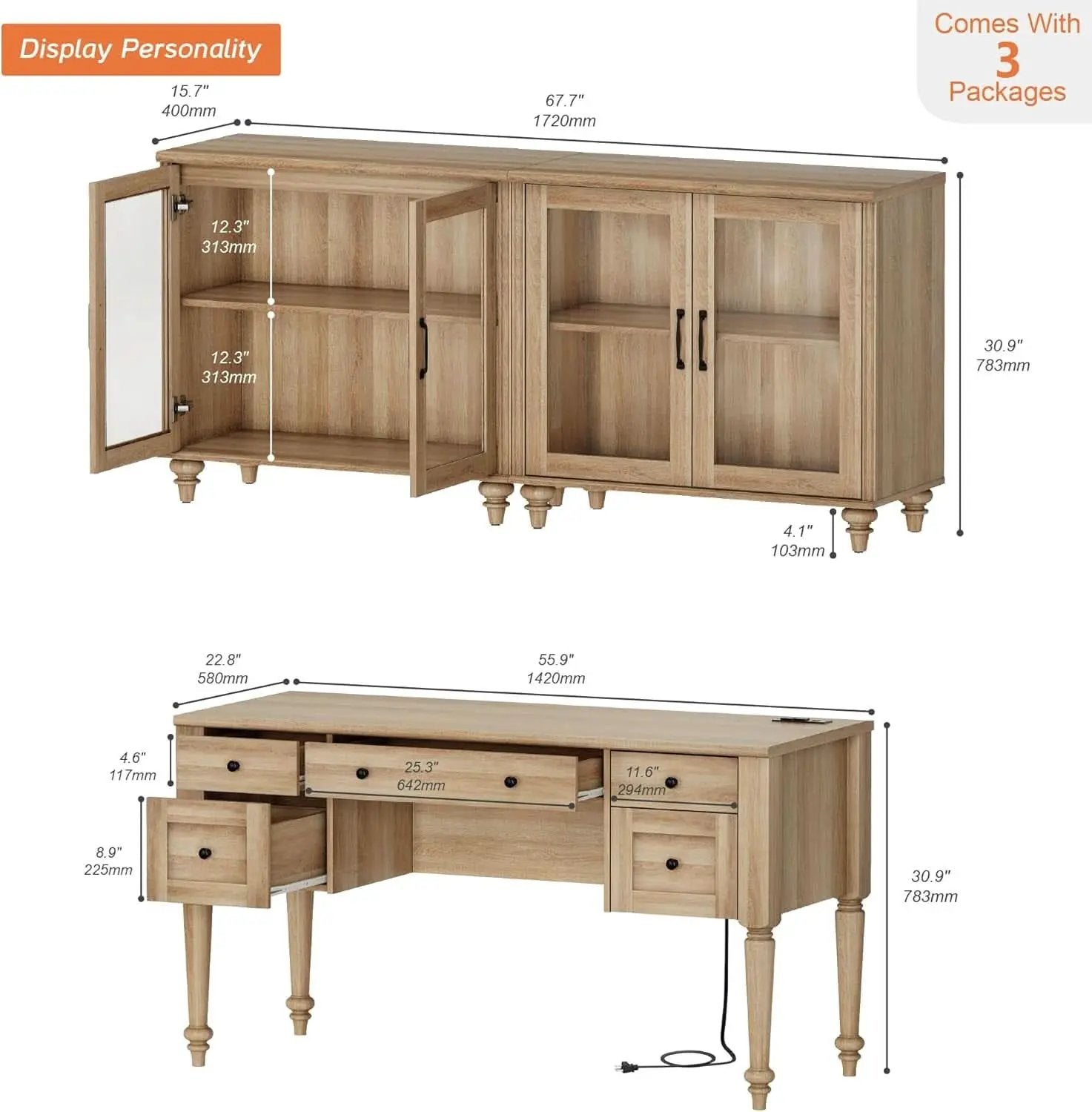 Distressed Oak Farmhouse Executive Desk Glass Cabinet from PriceLows™