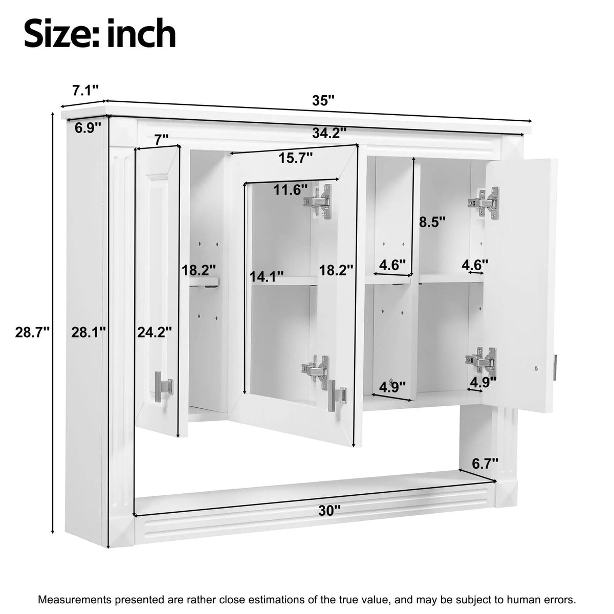 White Wall-Mounted Bathroom Cabinet | Mirror | Open Shelf | 35 Inch Width