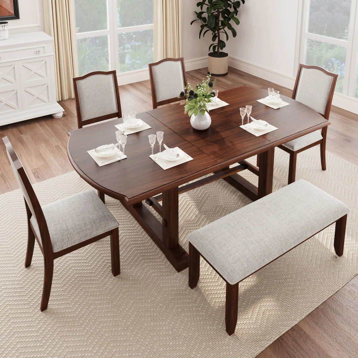 6 Piece Extendable Dining Table Set, Wood Table With Removable Leaf, 4 Upholstered | 6-Piece Set | Solid Wood & Linen | Cherry