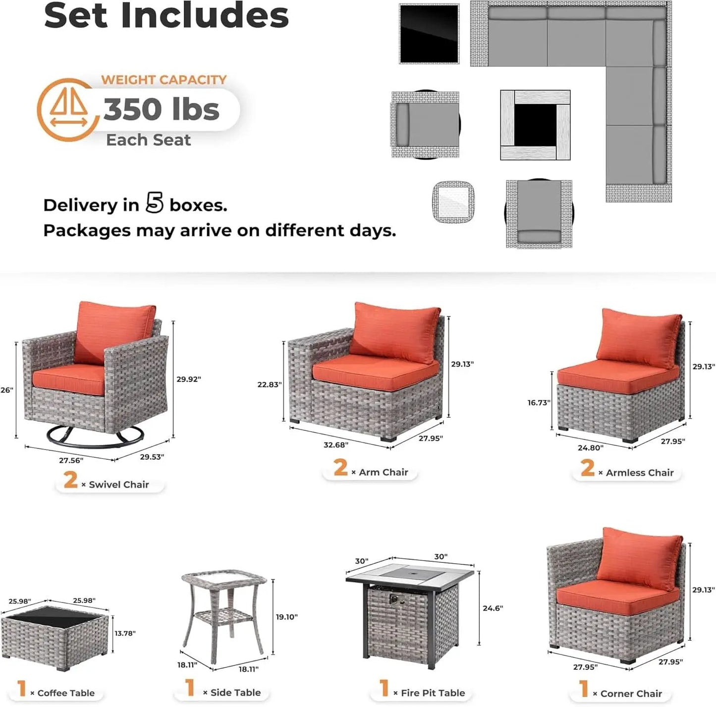 Modular Outdoor Wicker Sofa Set with Fire Pit from PriceLows™