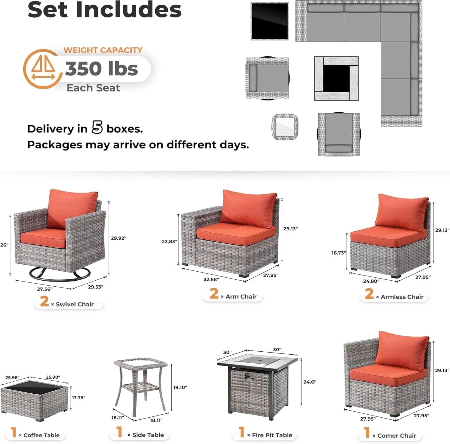 Modular Outdoor Wicker Sofa Set with Fire Pit from PriceLows™