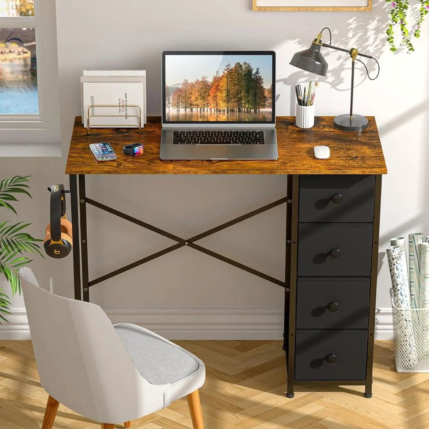 Rustic Brown Home Office Computer Desk With Fabric Drawers from PriceLows™