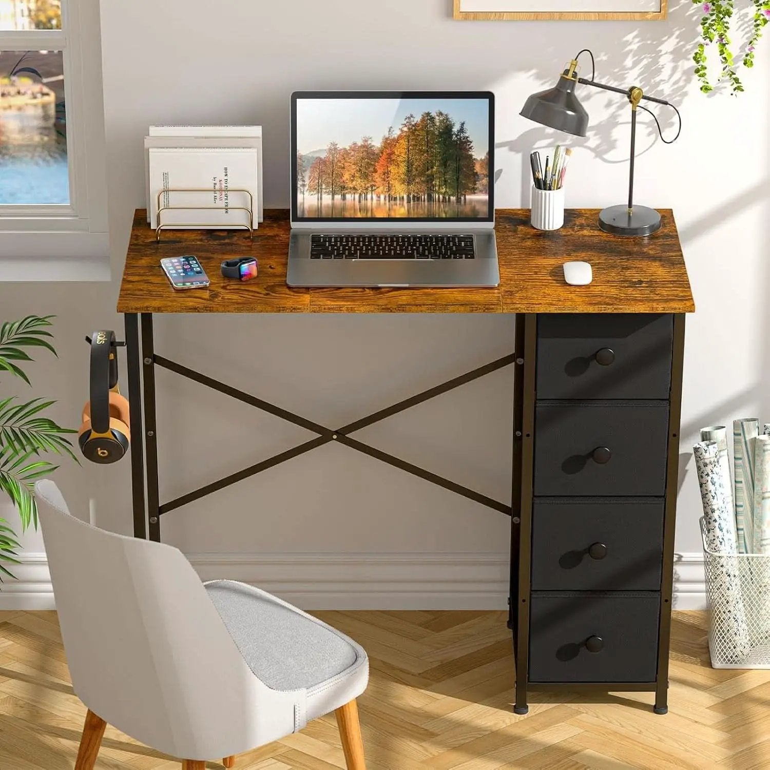 Rustic Brown Home Office Computer Desk With Fabric Drawers from PriceLows™
