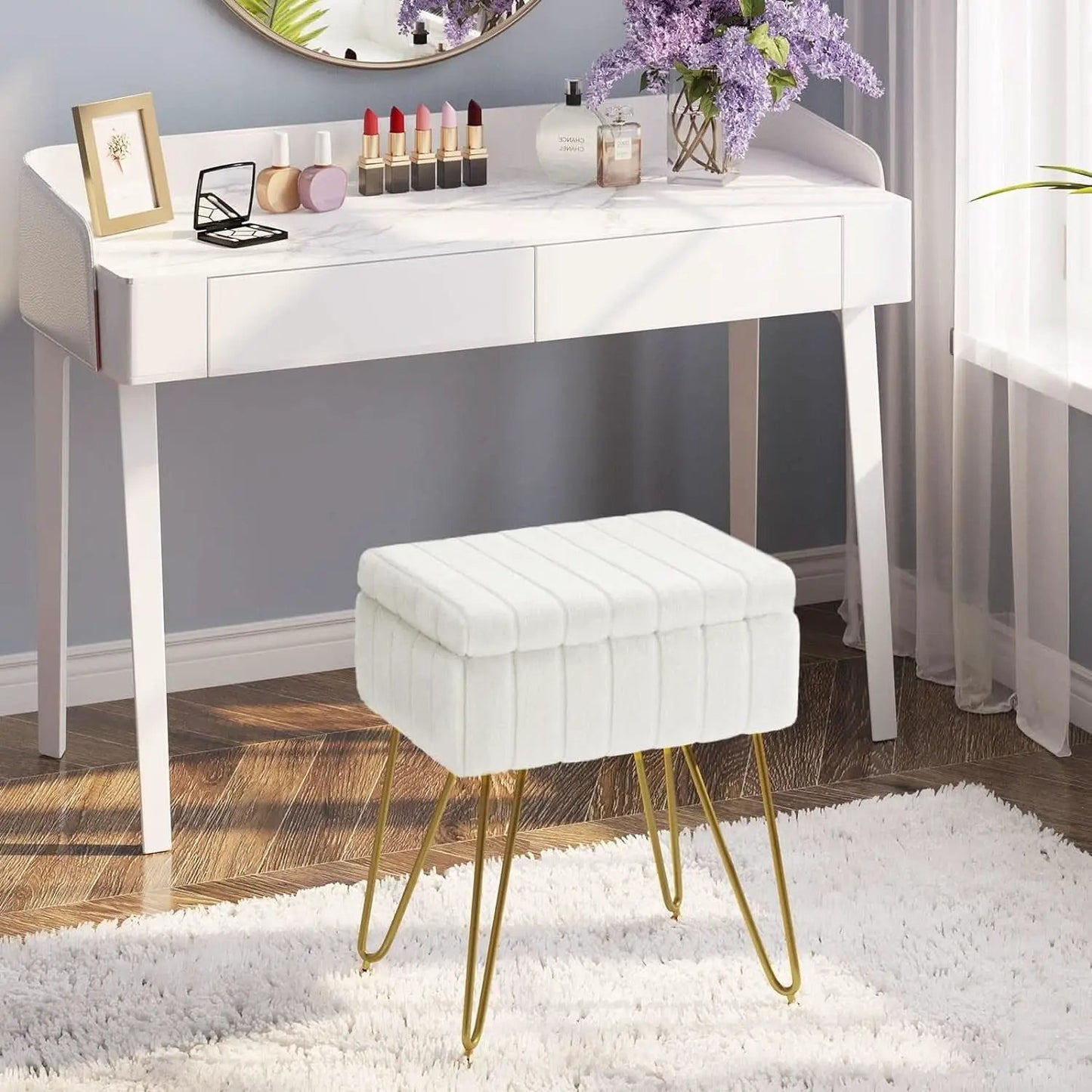White Faux-Fur Vanity Stool With Premium-Grade Stowable-Storage from PriceLows™
