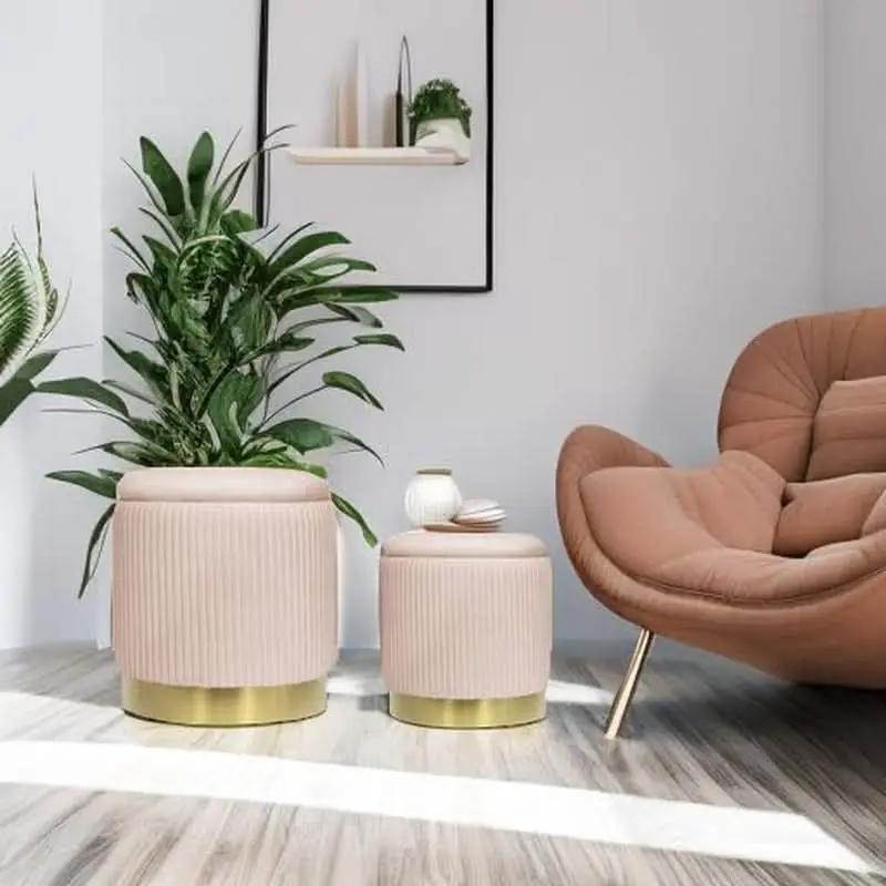 Bubblegum Pink Velvet Circular Ottoman With Storage from PriceLows™