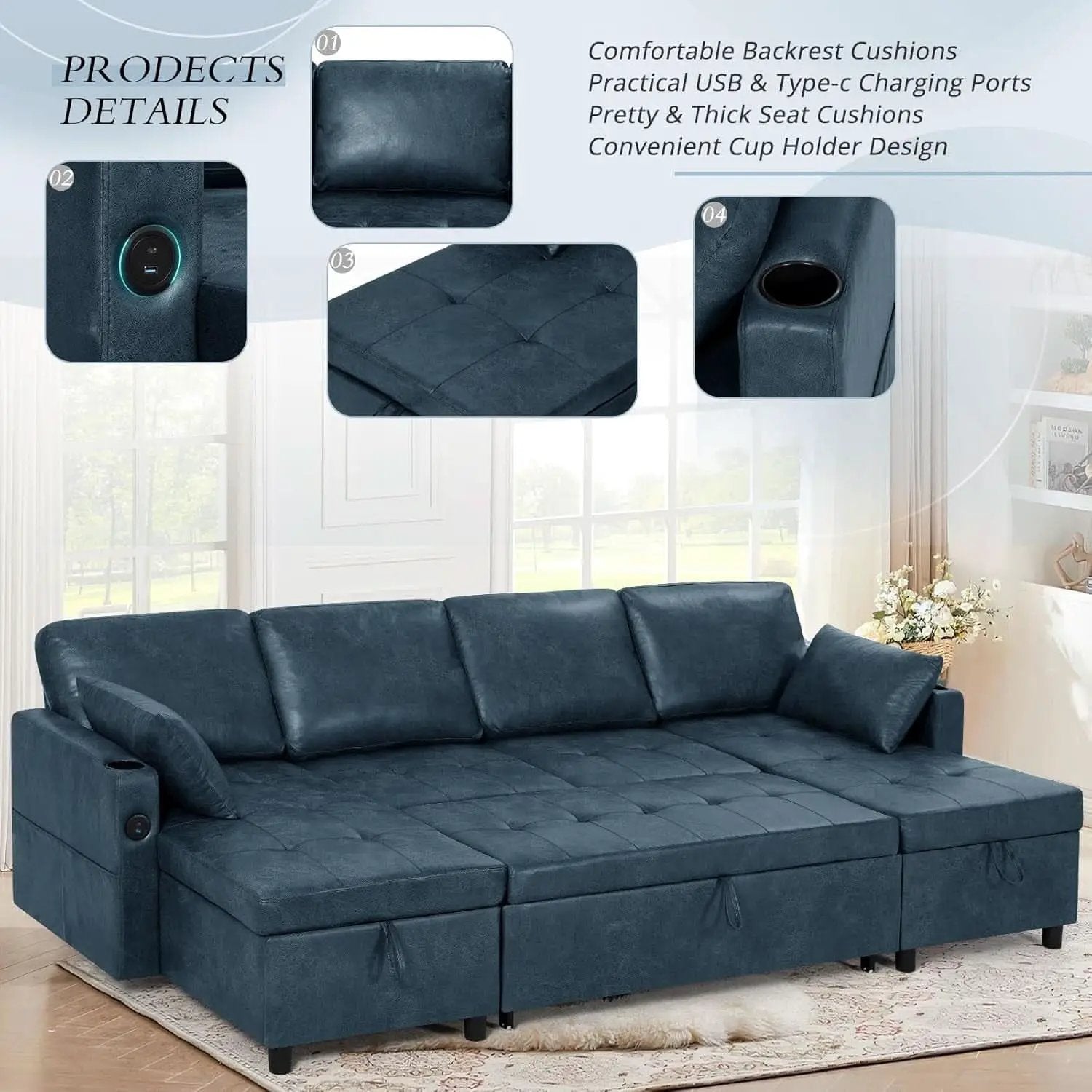 Blue Genuine Suede Leather 110Inch Sectional Sleeper from PriceLows™