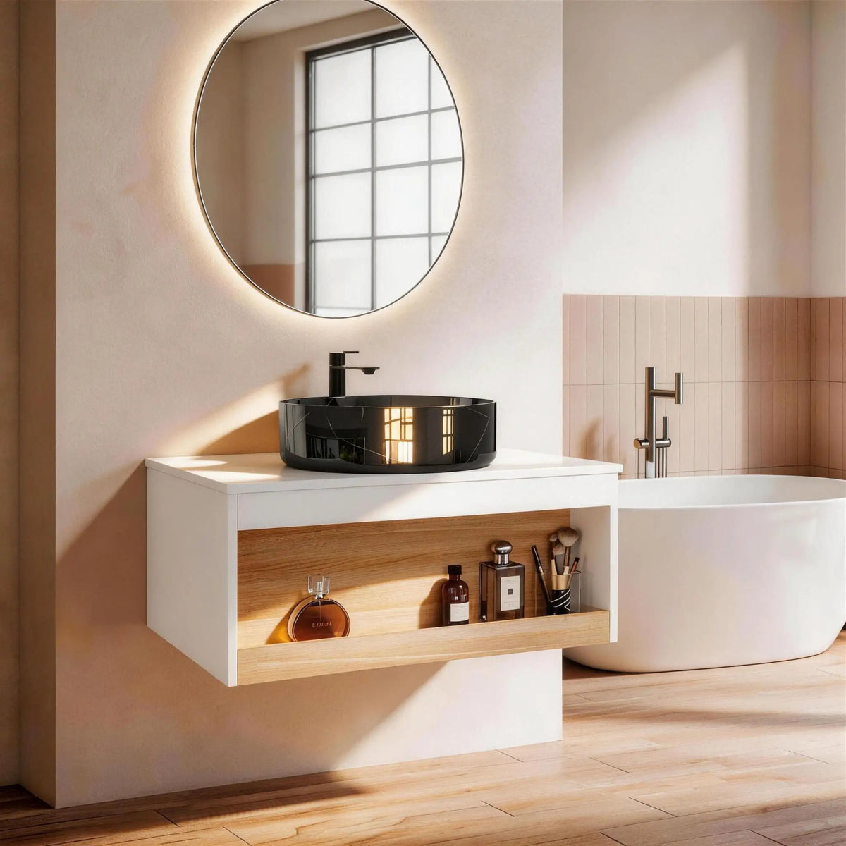 Wall Mounted Bathroom Vanity | Vessel Sink | Open Shelf Storage