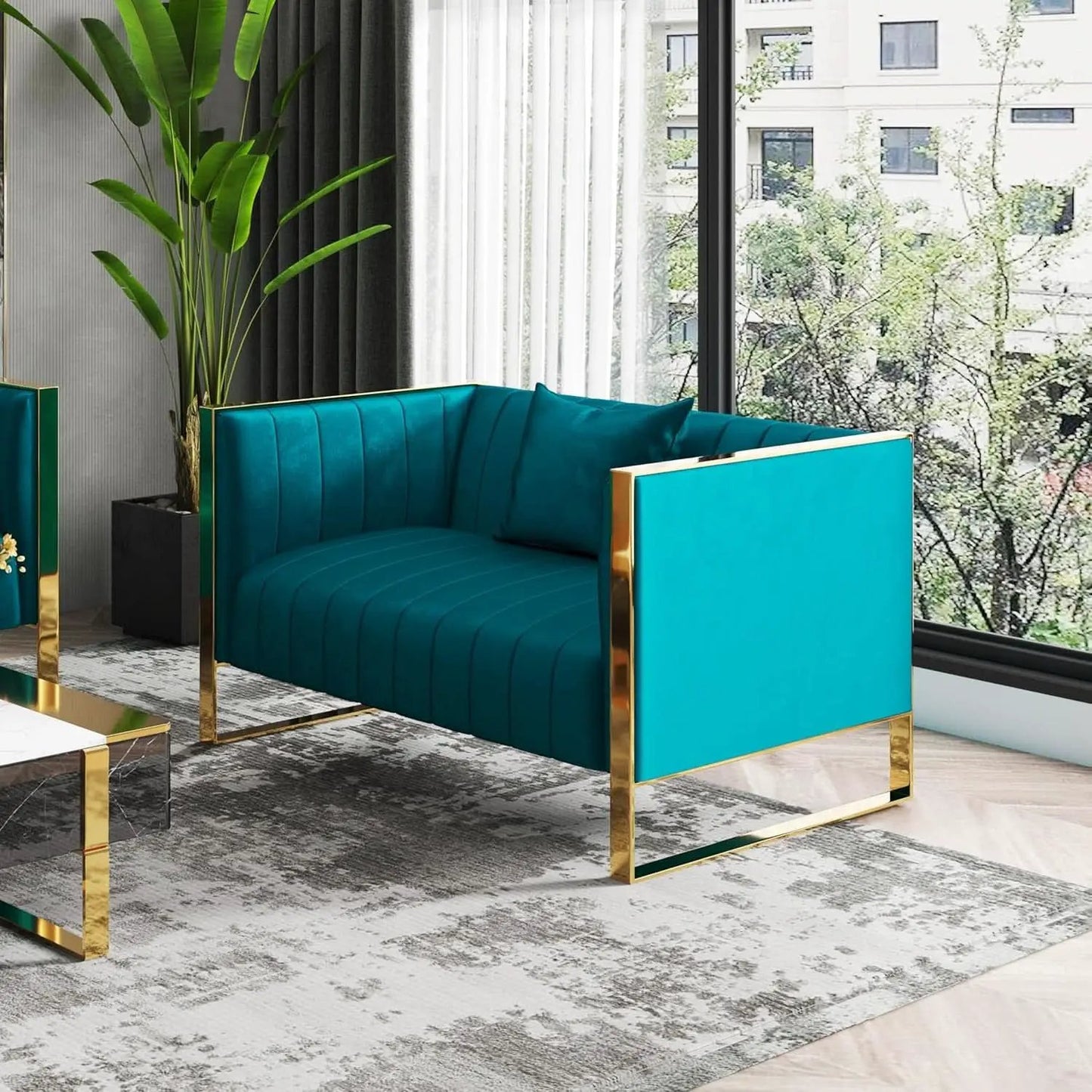 57 Inch Teal Velvet Loveseat For Living Room High Density Foam from PriceLows™