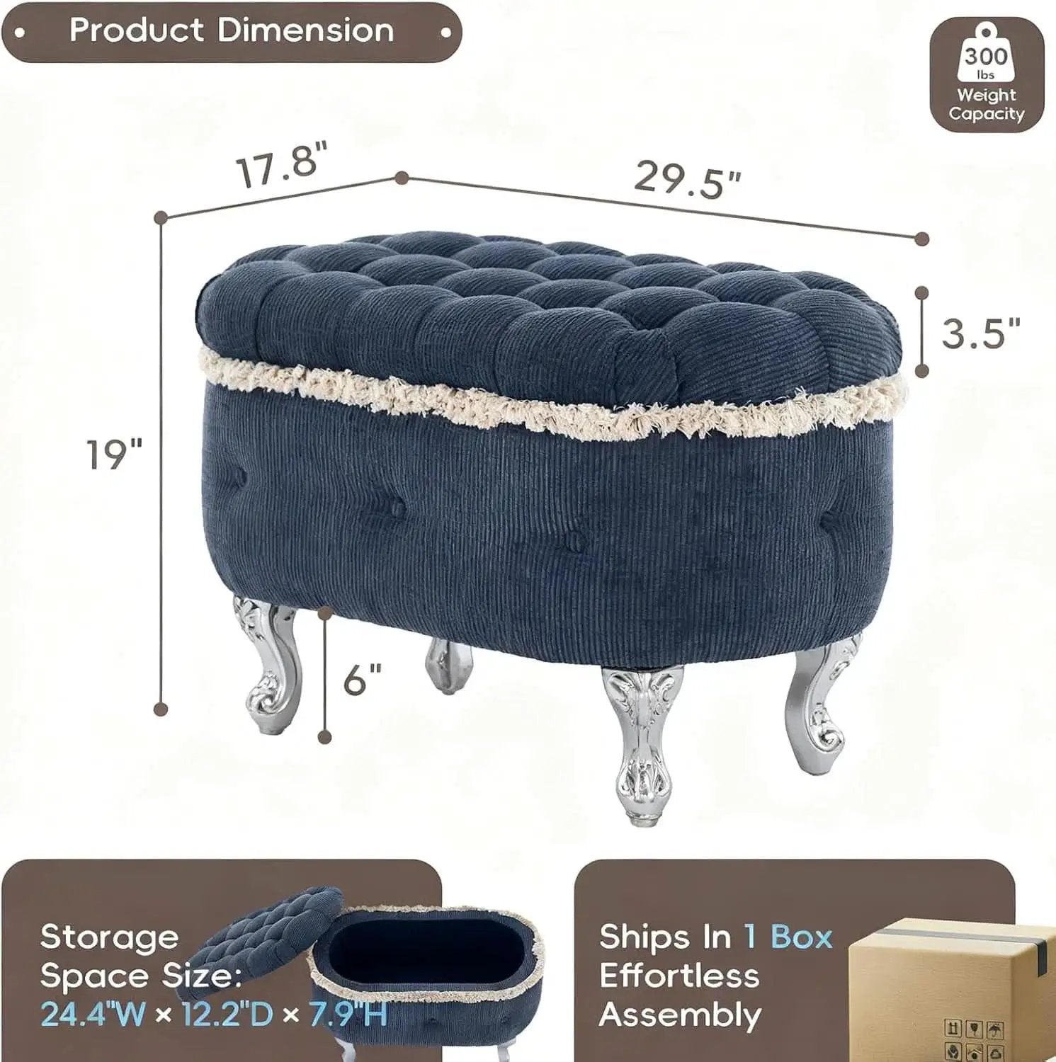 Blue 29.5 Inch Upholstered Storage Ottoman Cushion from PriceLows™