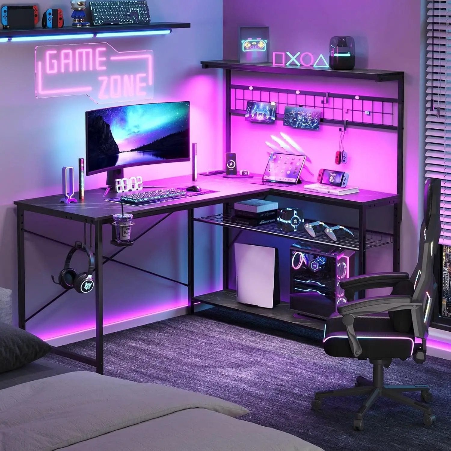 51 Inch L Shaped Gaming Desk With LED Lights 4 Tier Shelves from PriceLows™