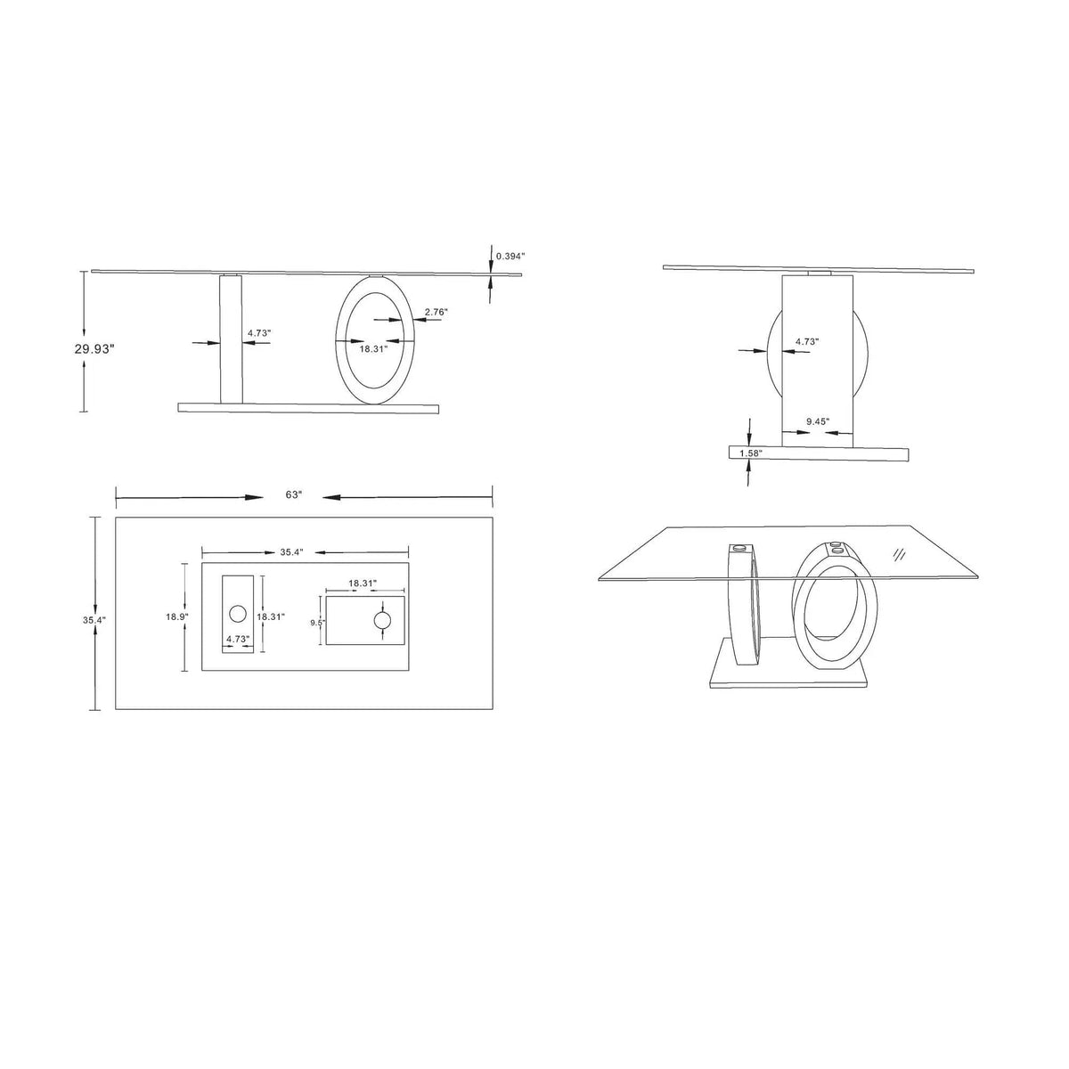 Royce Dining Table Ecom | 63 x 35.43 x 29.92 in | Glass & Steel | Dining Room