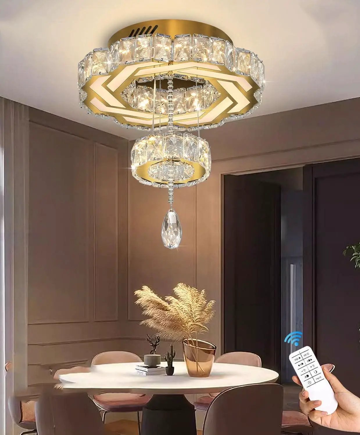 Gold Crystal Chandelier 12 Inch Dimmable Flush Mount from PriceLows™